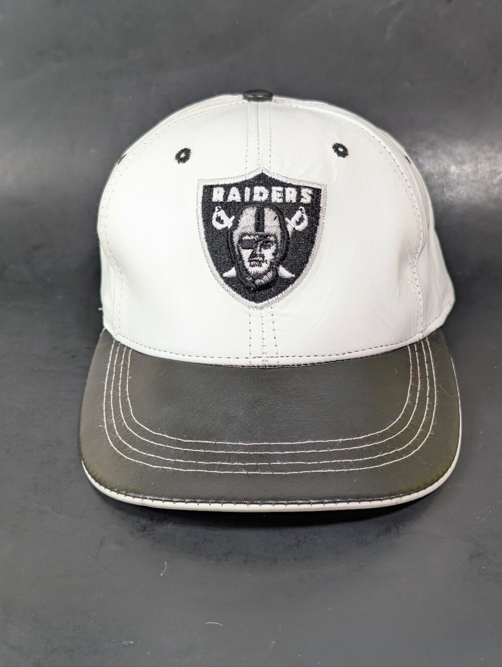 Vintage Los Angeles Raiders White Leather Hat 90s Stitch Logo Great Condition